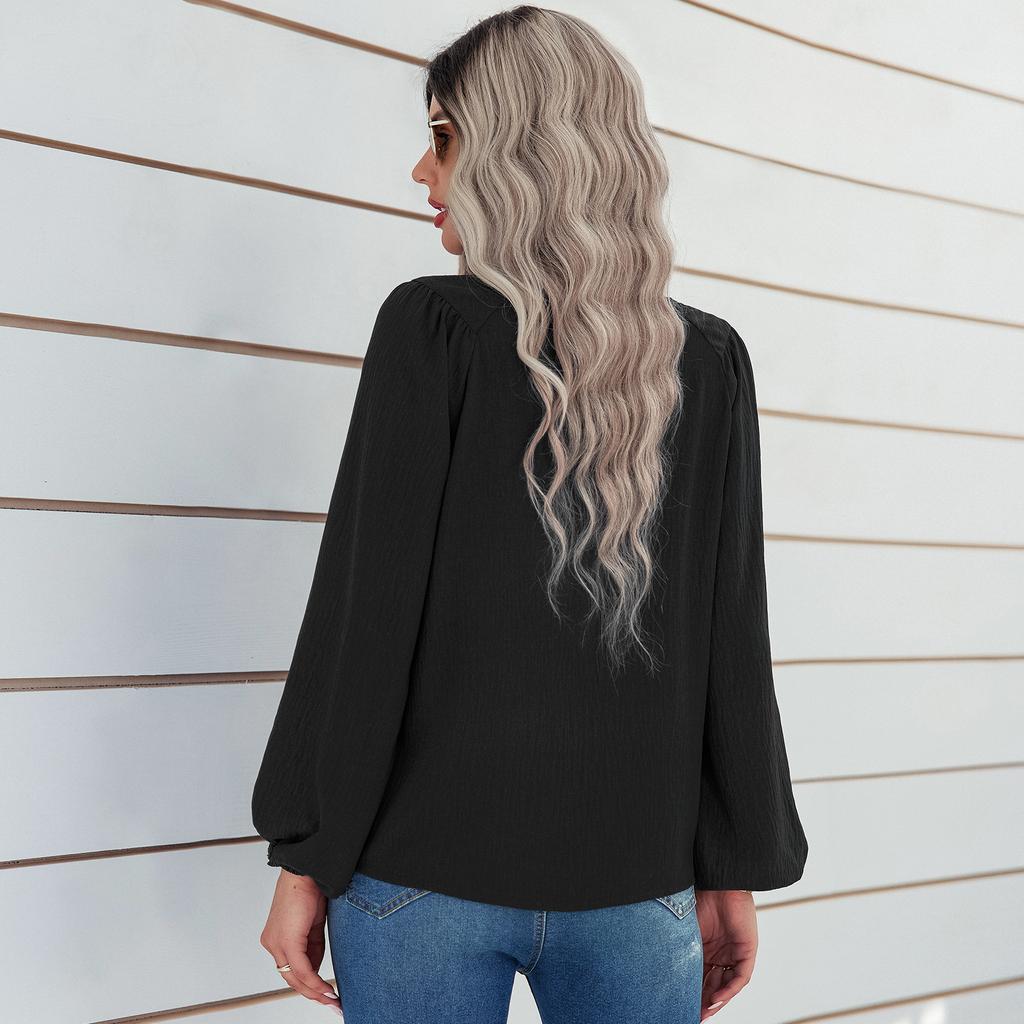 Women Autumn Solid Color Round Neck Pullover Loose Long Sleeve T Shirt Top