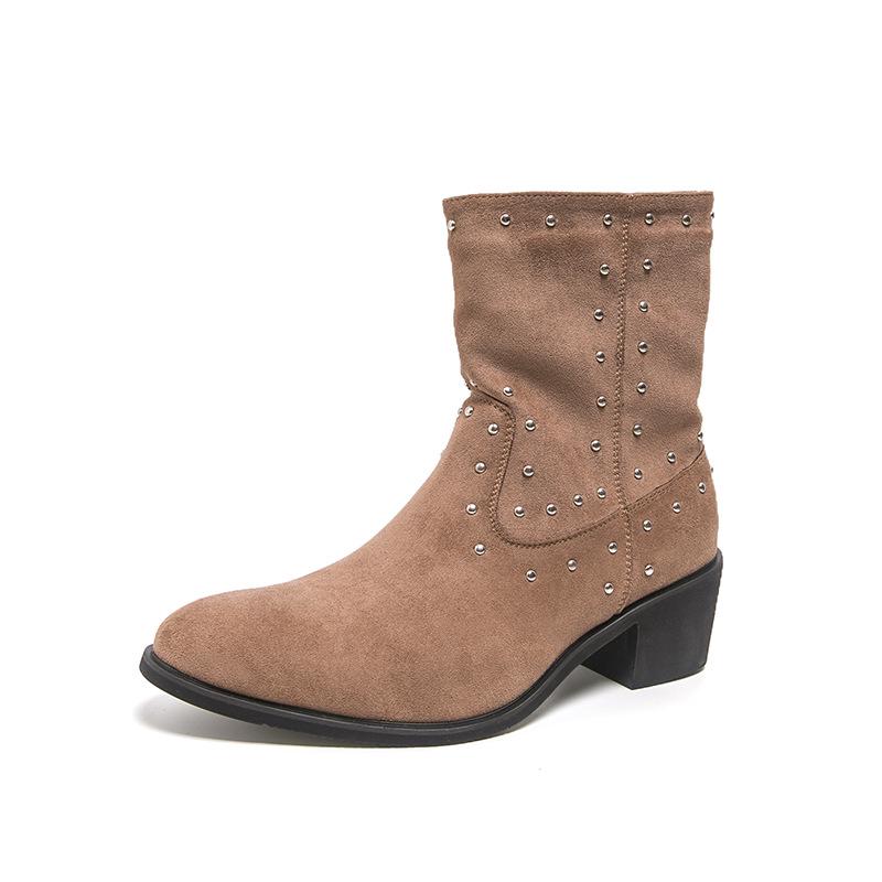 Men's Large Suede Leather Rivet Pointed Toe Ankle Boots - Medium Heel Fashion Knight Boots
