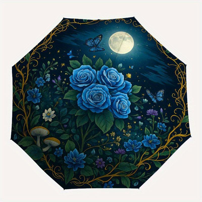 Blauer Rosengarten Mondlicht Fantasie Wandkunst DruckRegenschirm mit süßem Design, Tragbarer 3-fach Kompaktregenschirm für Männer & Frauen, Valentinstag Muttertag