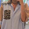 Lady Shirt Dress Leopard Print Patchwork Turn-down Collar Contrast Color Single-breasted Loose A-line with Chest Pockets Spring Fall Midi Dress