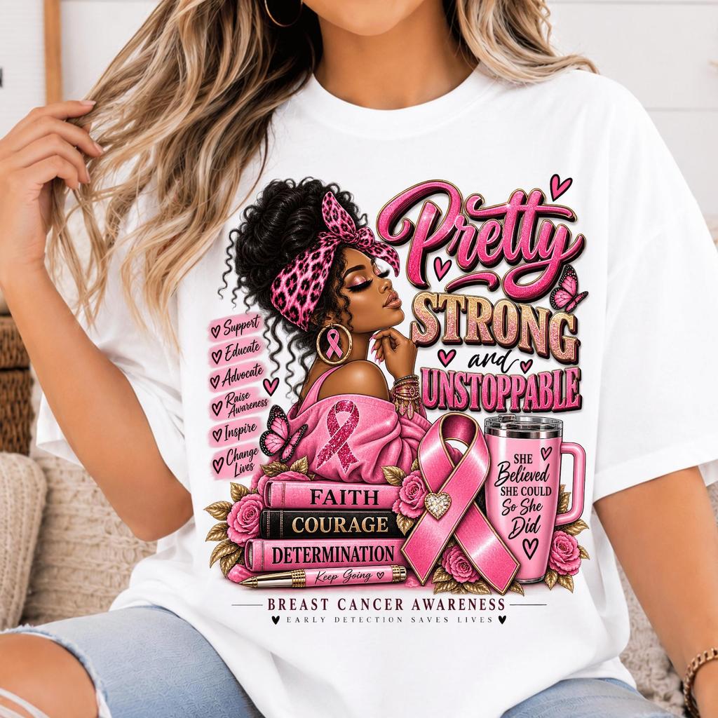 Pretty Strong And Unstoppable PNG, Black Breast Cancer Warrior Design, Afro Girl Pink Ribbon, Pink October Sublimation Download