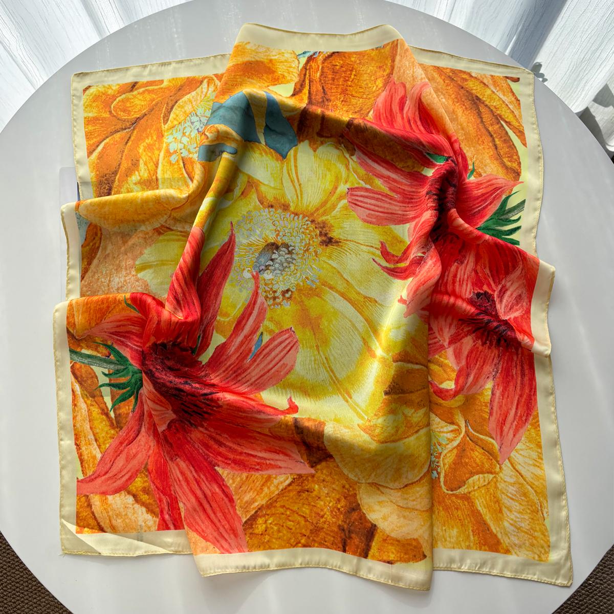 

Fashion Floral Printed Square Scarf Women Imitation Silk Scarves Bandanas Luxury Hijab Neckerchief Elegant Travel Shawl Wraps