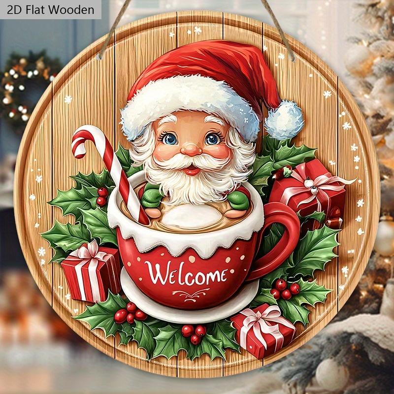 Świąteczny drewniany znak z gorącą czekoladą i wzorem Świętego Mikołaja - Powitalny znak Navidad na drzwi wejściowe, dekoracja do zawieszenia na ścianie - Idealna ozdoba świąteczna