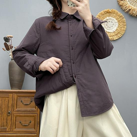 

Ladies Quilted Cotton Shirt Jacket: Long Sleeve, Casual Lapel, Slimming & Warm Petite Coat Medium кофейный
