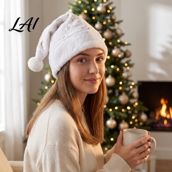 Soft Polyester Christmas Cap Snowflake Sequin Adults Plush for Santa Hat with Faux Holiday Celebration