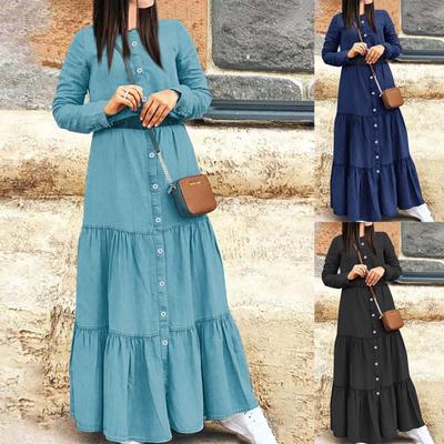 Ladies Denim Button Up Extra Long Solid Color Plus Size Dress