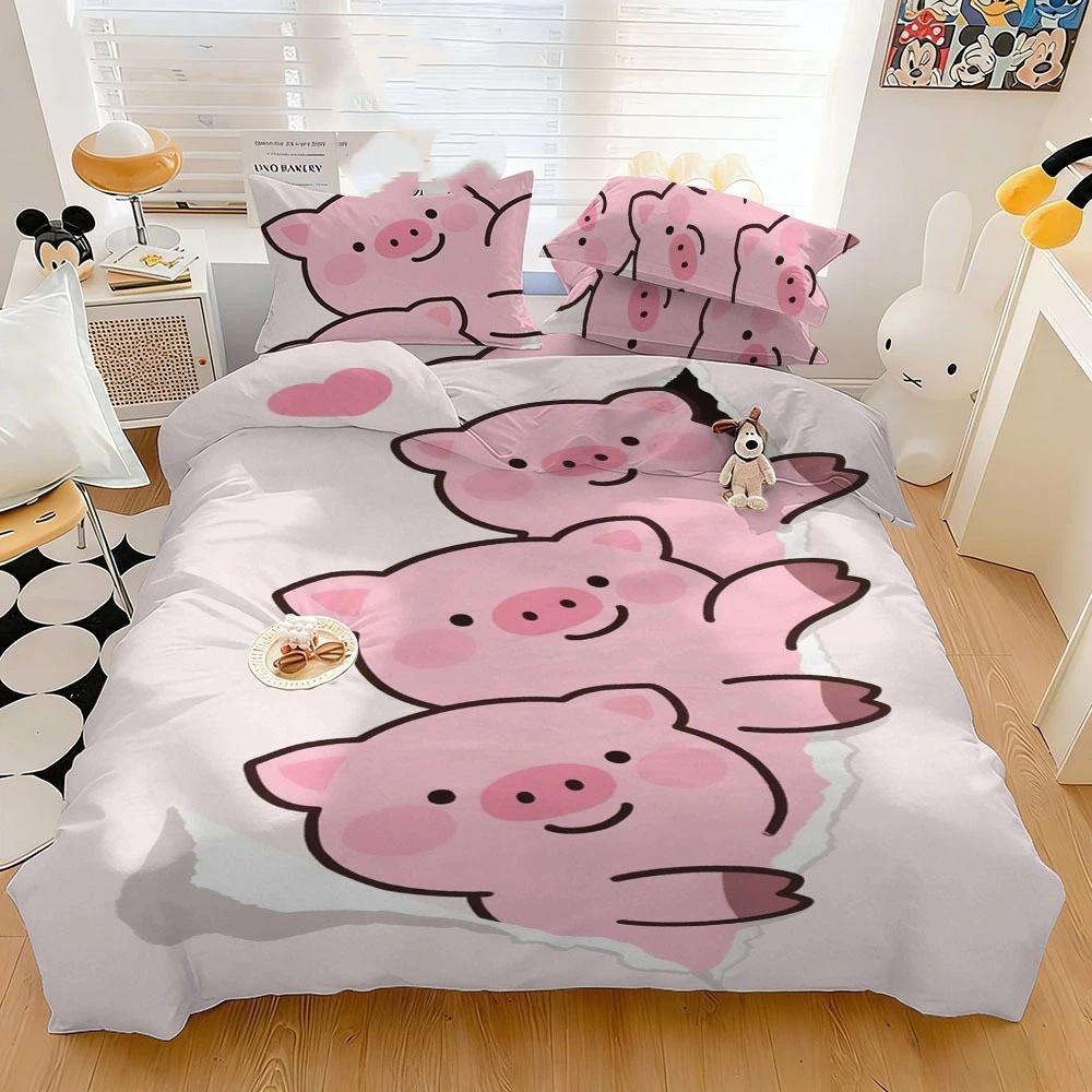 Schattig Roze Varken Kinderbeddengoed Meisje Jongen Huistextiel Cadeau Roze Varkenspatroon Dekbedovertrek Slaapkamerdecoratie Enkel Dubbel Groot (as the picture,100x135cm-2pcs)