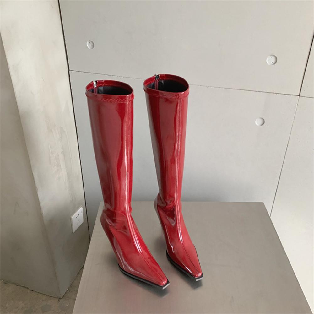 

модные лакированные женские сапоги до колена с острым носком, рыцарские ботинки на тонком каблуке, молния сзади, черные, красные, бежевые, мягкие, зимние ботинки для вечеринок 6.5 красный