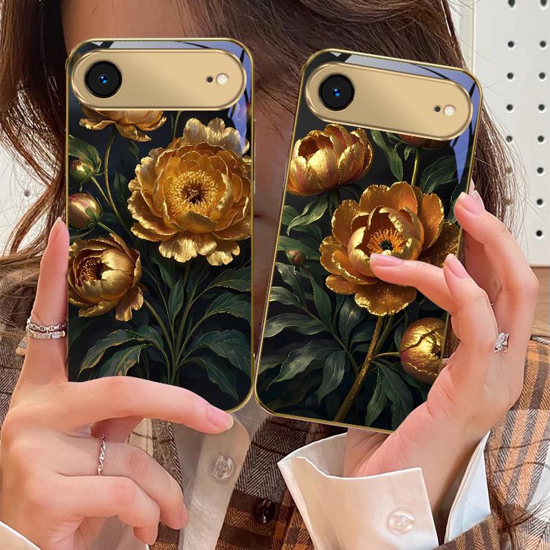 Prosperous Golden Peony For IPhone 17Pro Max 16 17 Pro 15 Pro 14 13 Plus 12 Mini 11Pro Max XR 16E 17 Air Golden glass phone case