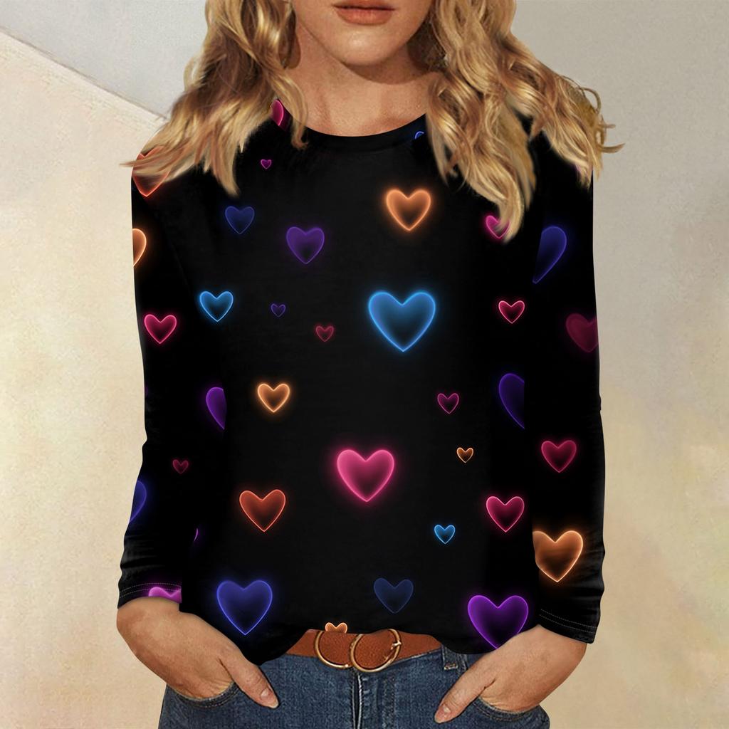 Women's Valentine's Day Fashionable Heart Print Round Neck Long Sleeve Pullover Top