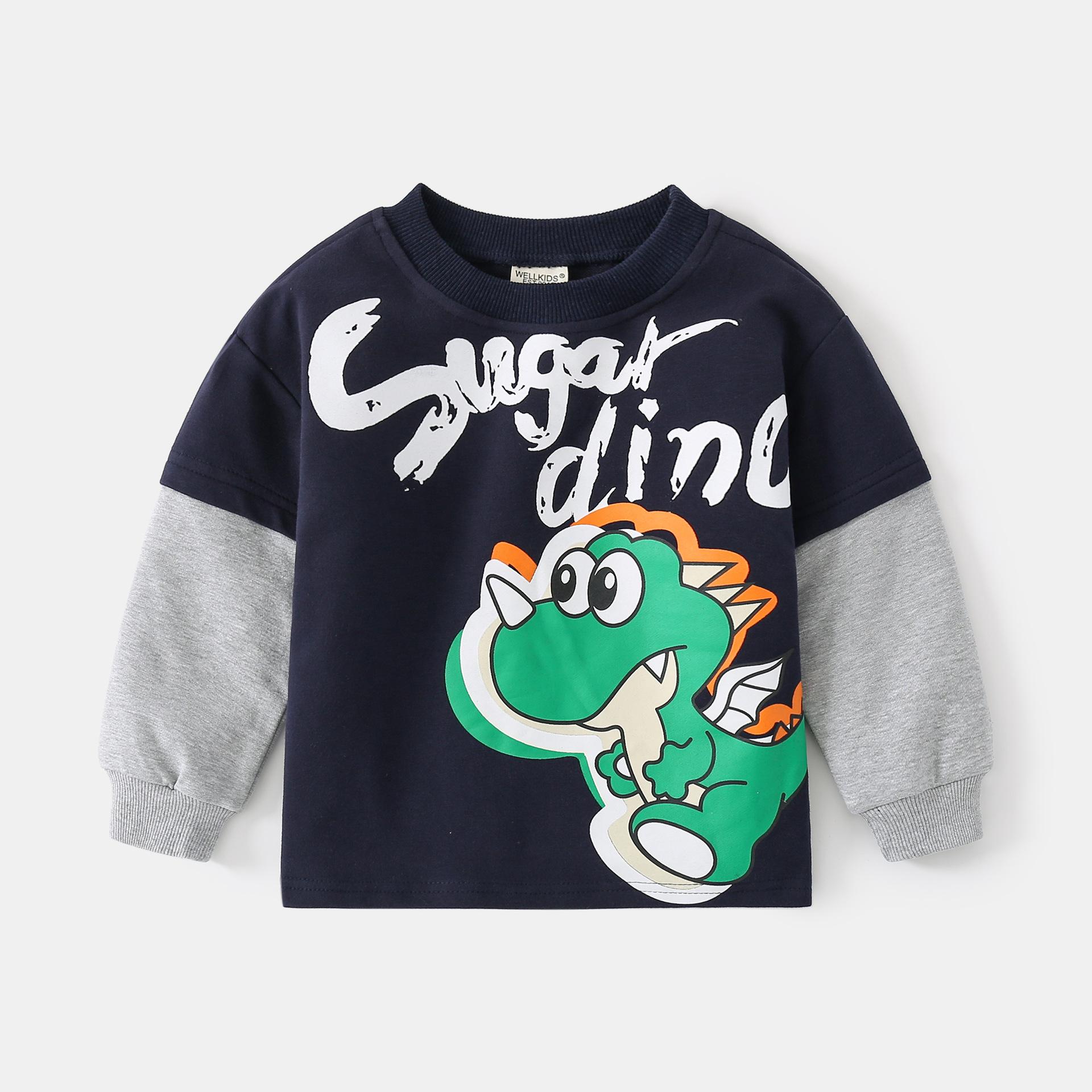 Children s clothing fake two-piece printed cartoon dinosaur top medium and small children s long-sleeved jumper spring and autumn boys sleeved sweater 130cm