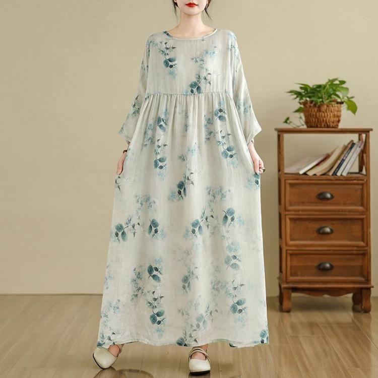 Spring  Vintage Floral Maxi Dress Loose Oversize Long Sleeve Casual Basic Printing Women Plus Size Long Dress