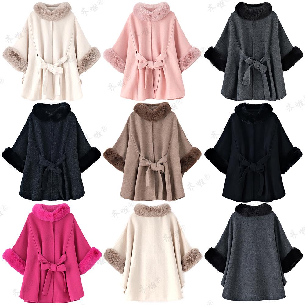 Women's Fox Fur Collar Wool Cape - Lace-up, Plus Size, Autumn/Winter Shawl.