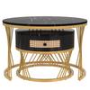 Couchtisch 2er Set, Rund Wohnzimmertisch mit Marmor Furnier, Coffee Table aus Holz mit Schublade, Metallgestell, Schwarz und Gold