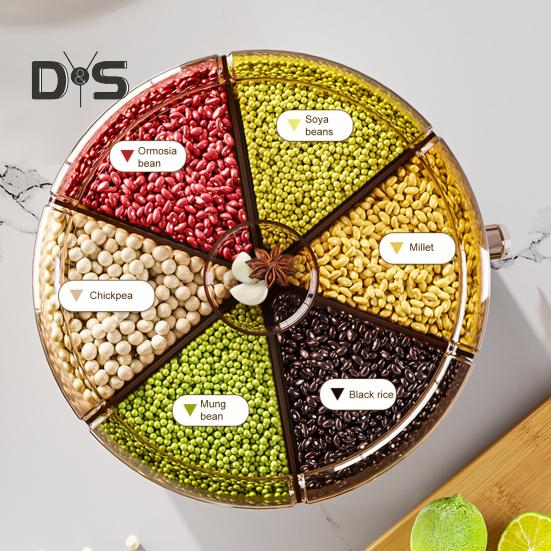 Sealed Dry Grain Bucket Dispenser Large Capacity 6 Compartments Transparent 360-Degree Rotatable Rice Dispenser Grain Bucket