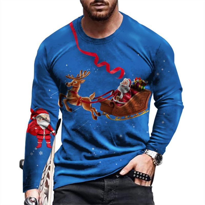 Camisetas de manga larga con estampado 3D de Papá Noel para hombre, camisetas con estampado de Papá Noel para fiesta de Navidad, moda informal para hombre, cuello redondo, manga larga