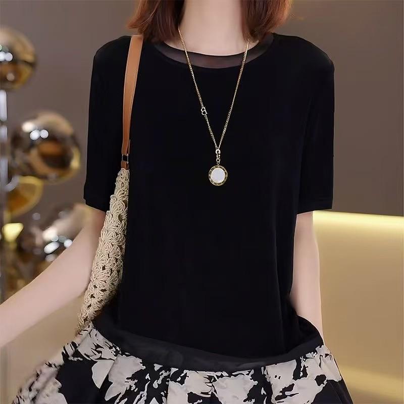 2026 Summer Fashion Irregular Acetate Short-Sleeve Patchwork T-Shirt in Black XL