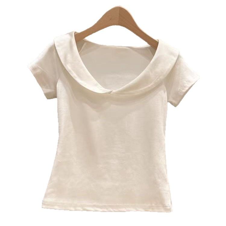 Design-Sinn Puppenkragen Einfaches Kurzarm-T-Shirt Damen Schlank Skinny Sommer Kurz Skinny Spice Girl Tiefer Ausschnitt Top