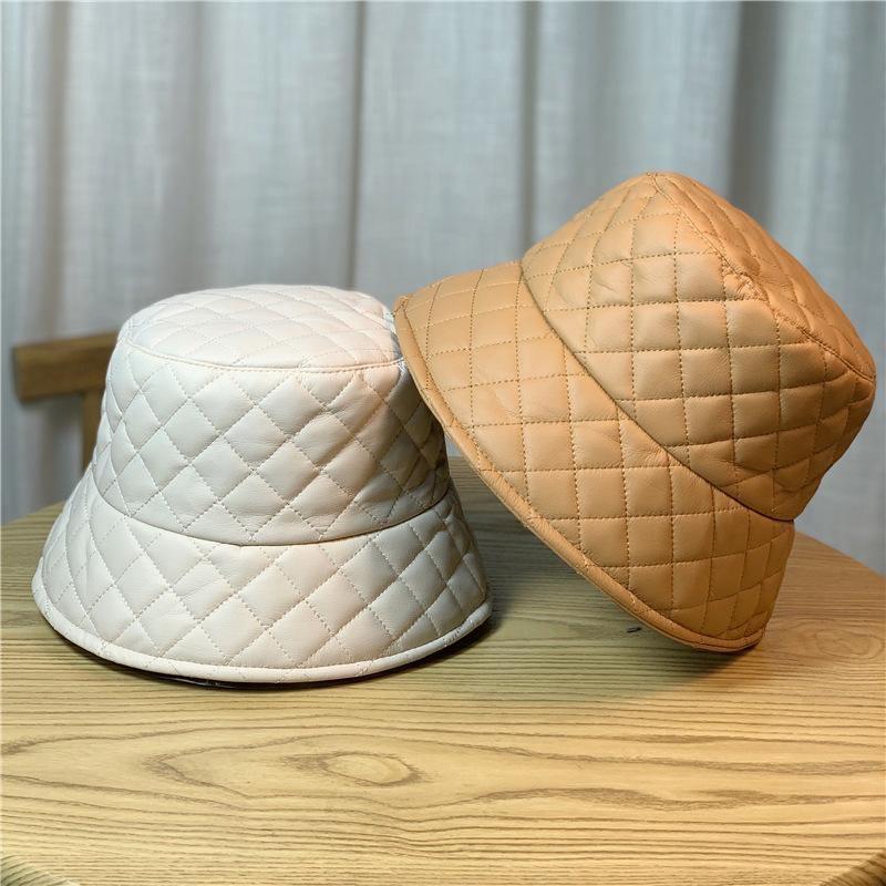 Korean Style Hat for Women  Versatile Matte Pu Leather Plaid Fisherman Hat Face Showing Warm Autumn and Winter Japanese Style Basin Hat