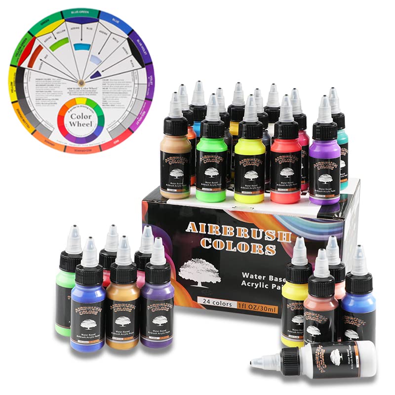 SAGUDIO Airbrush Acrylfarbe Set 24 * 30ml (1 Unze) Grundfarben mit Farbkreis - Airbrush-Farbset, bereit für die Airbrush-Malerei.