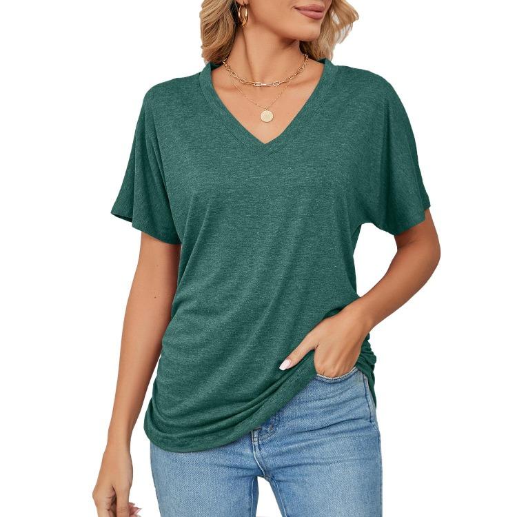 Summer New Casual V-neck Pullover Solid Color Loose T-shirt Women's Top European American