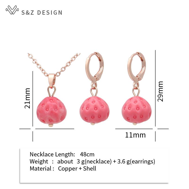 Fashion Pink Strawberry Synthetic Shell Drop Earrings Jewelry Sets For Women Wedding Rose Gold Color Necklace