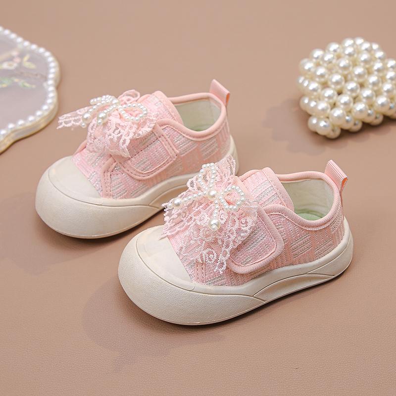 

Girls Canvas Shoes Sweet Lace Bows Kids Flat Shoes Soft Bottom Non-slip 2025 New Fashion Children Princess Shoes Beading Cute 21 розовый