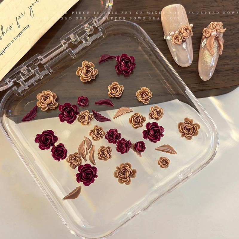 50Pcs 3D Mix Sizes Beautiful Blossoming Rose Flowers Leaf Resin Adhesive Nail Art Rhinestones Decorations Manicure Kawaii Charms