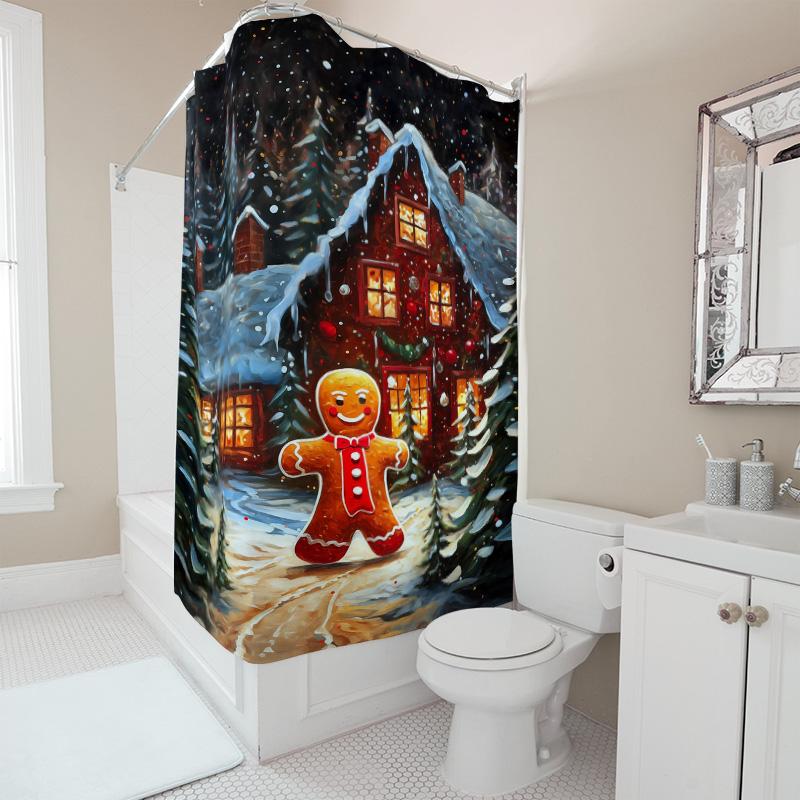 Tuniu Charming Gingerbread House Shower Curtain Festive Holiday Decor Cozy Winter Forest Bathroom Set Cute Christmas Village Bac