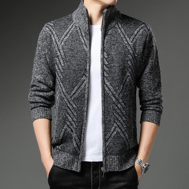 

New Autumn and Winter Men s Stand-up Collar Sweater Cardigan Versatile Velvet Thickened Geometric Jacket L сірий колір