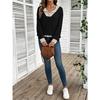 Women's Autumn Winter V-Neck Color Block Top, Oversized Drop Shoulder Long Sleeve Casual Loose Fit Sporty Streetwear Shirt