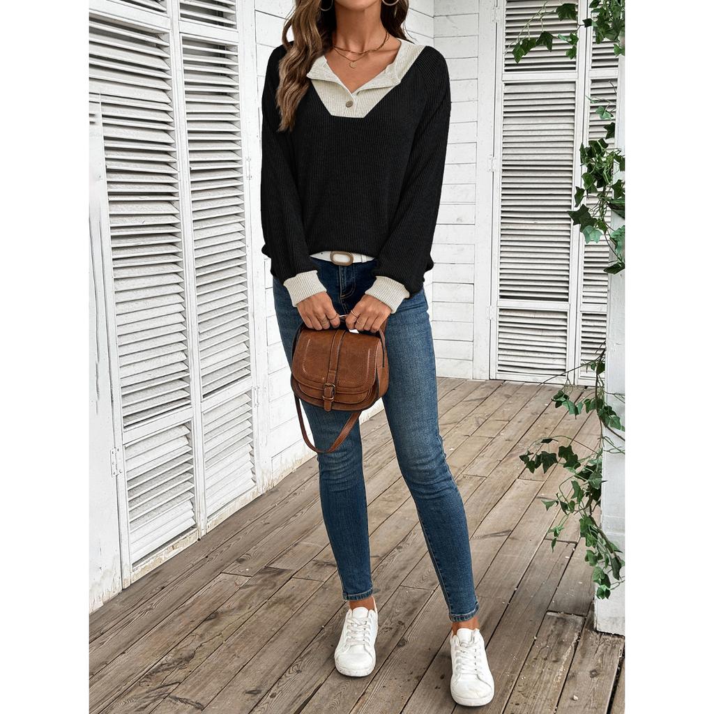 Women's Autumn Winter V-Neck Color Block Top, Oversized Drop Shoulder Long Sleeve Casual Loose Fit Sporty Streetwear Shirt