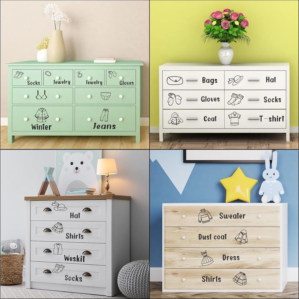 Spakon 9 Sheets Dresser Clothing Labels Removable Drawer Clothes Design Decals Wardrobe Decorative Bedroom Clothes Drawer Stickers for Organizing