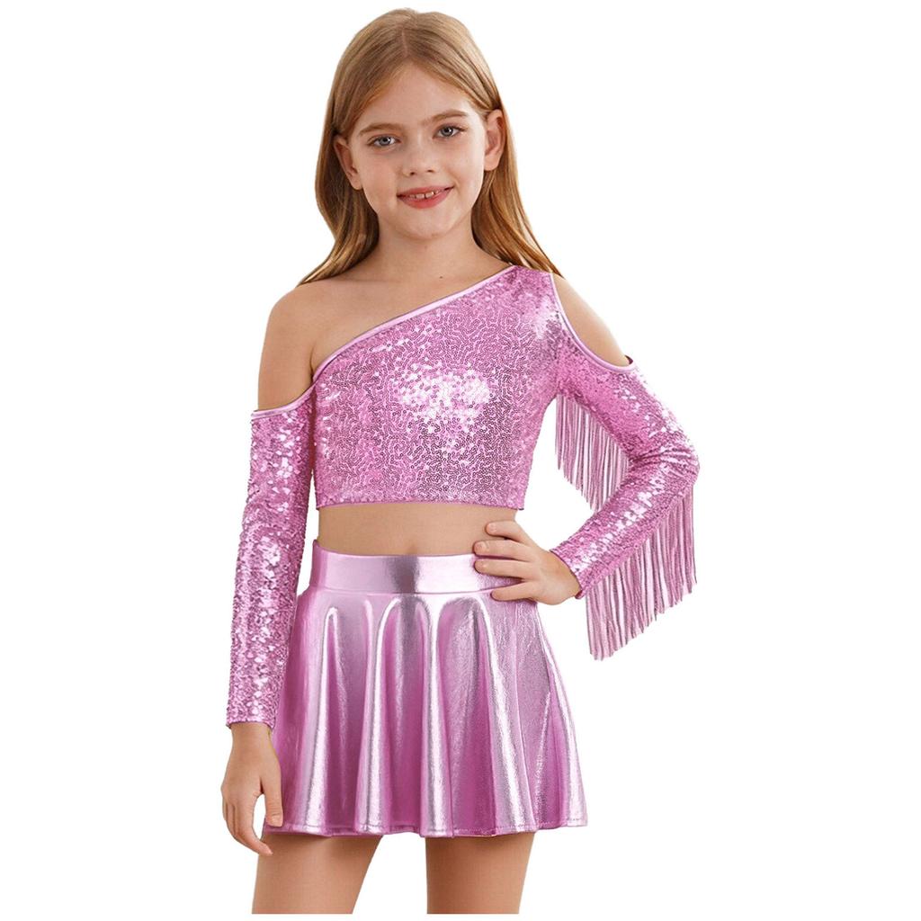 Kids Girls Metallic Stage Costume: One Shoulder Long Sleeve Sequined Crop Top & High Waist Pleated A-Line Skirt for Jazz Dance