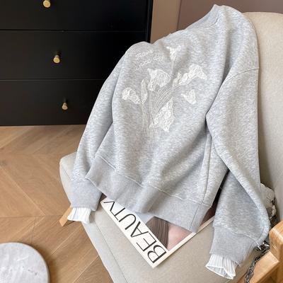 320G Pure Cotton Chinese Cotton Composite Milk Silk, Gray Sweater Flower Embroidery Autumn Thin Round Neck Ins