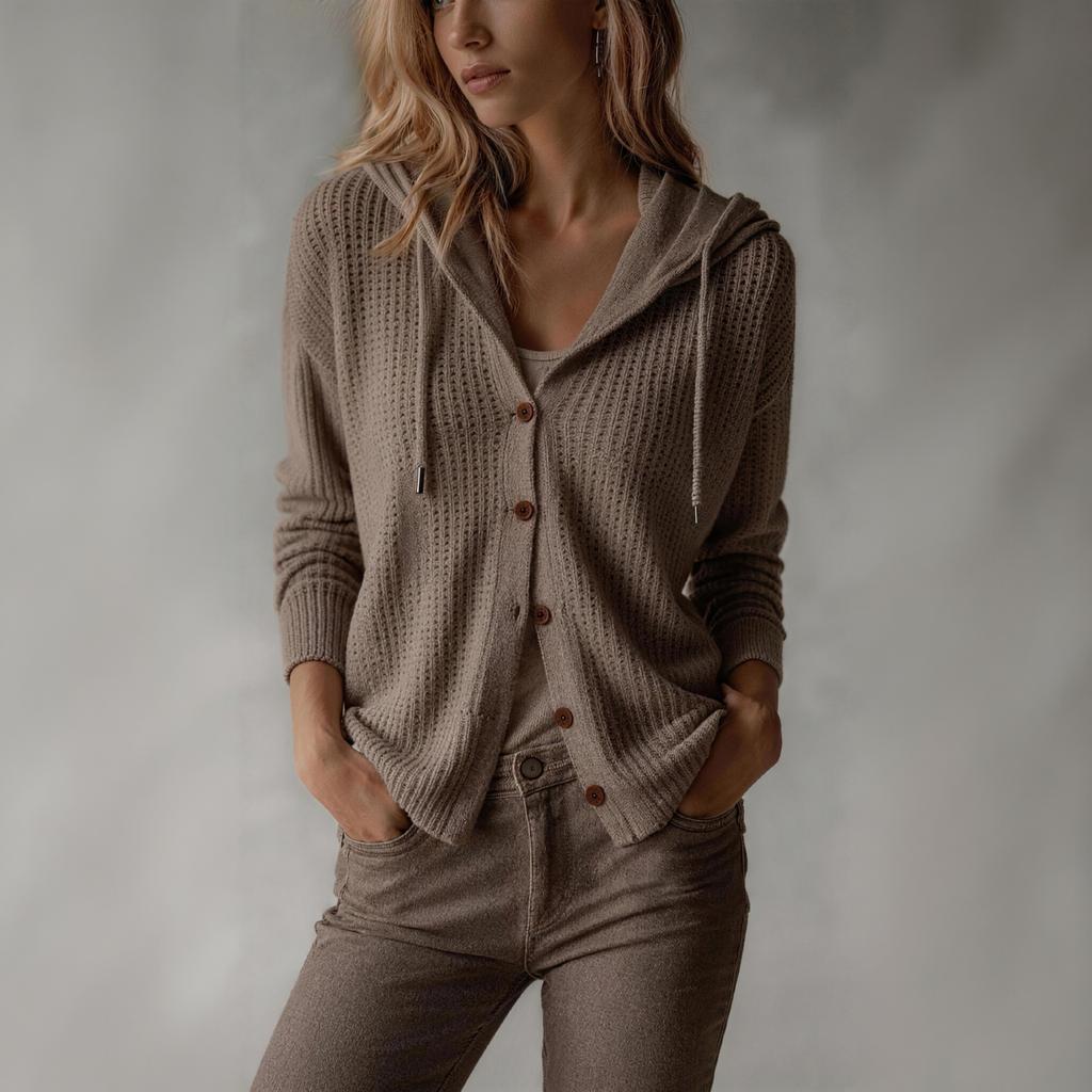 Women's Hooded Knit Cardigan Color Loose Fit Lightweight Outerwear Top for Casual Everyday Wear