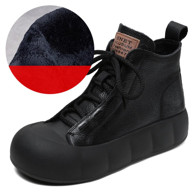 

Johnature Ретро Натуральная Кожа Короткие Ботинки Мартин Ботинки На Толстой Подошве Плоские Женские Туфли 37-Plush чёрный