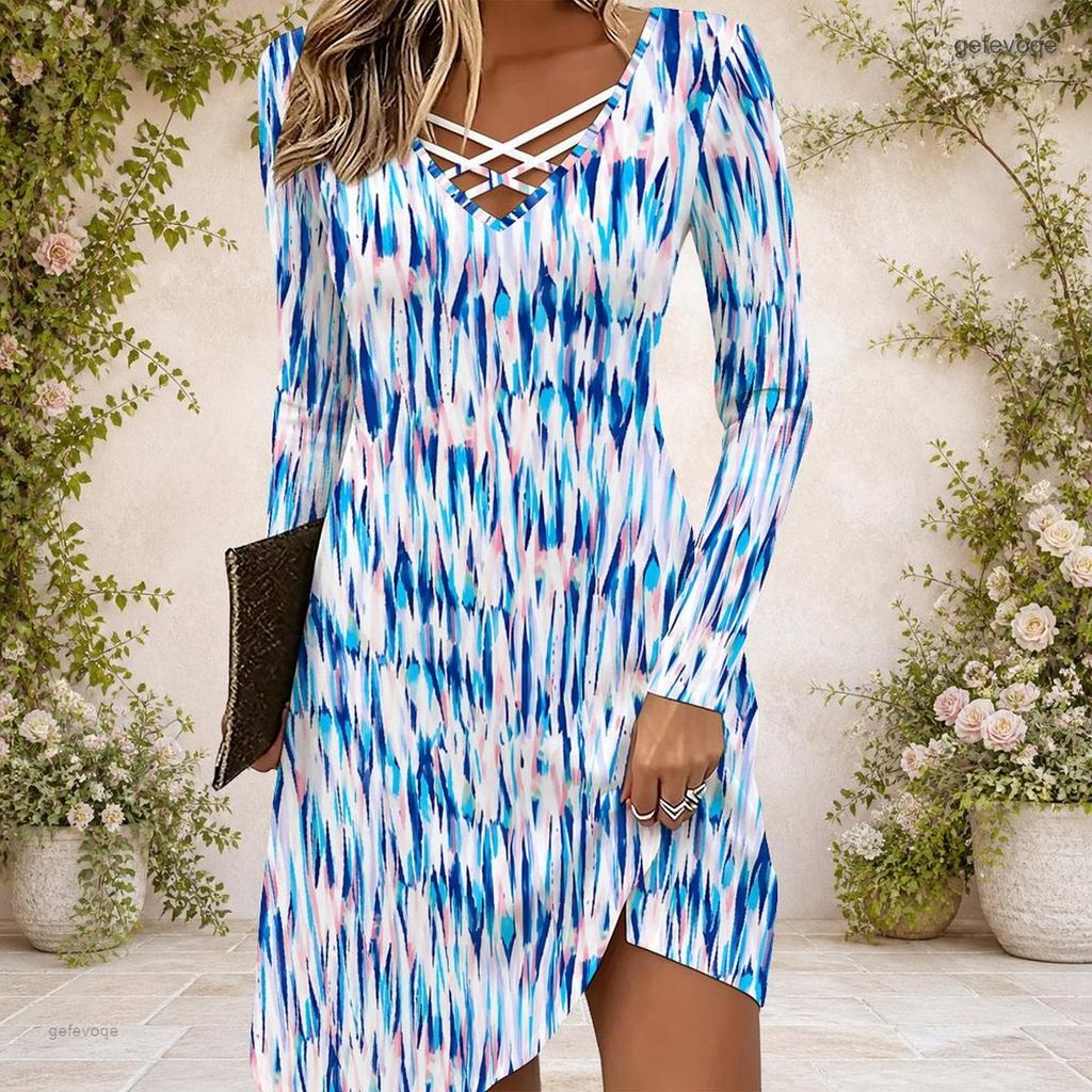 Women Long Sleeve Criss Cross V Neck Abstract Printed Blue Pink White Irregular Hem Dress