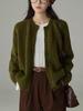 Women's Retro Avocado Green Knit Cardigan – Soft, Loose, Thick, Round Neck Sweater Coat for Autumn/Winter