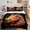 3Pcs Fiery Chinese Dragon Bedding Set, Mythical Beast Print Duvet Cover + 2 Pillowcases, Bold Decor