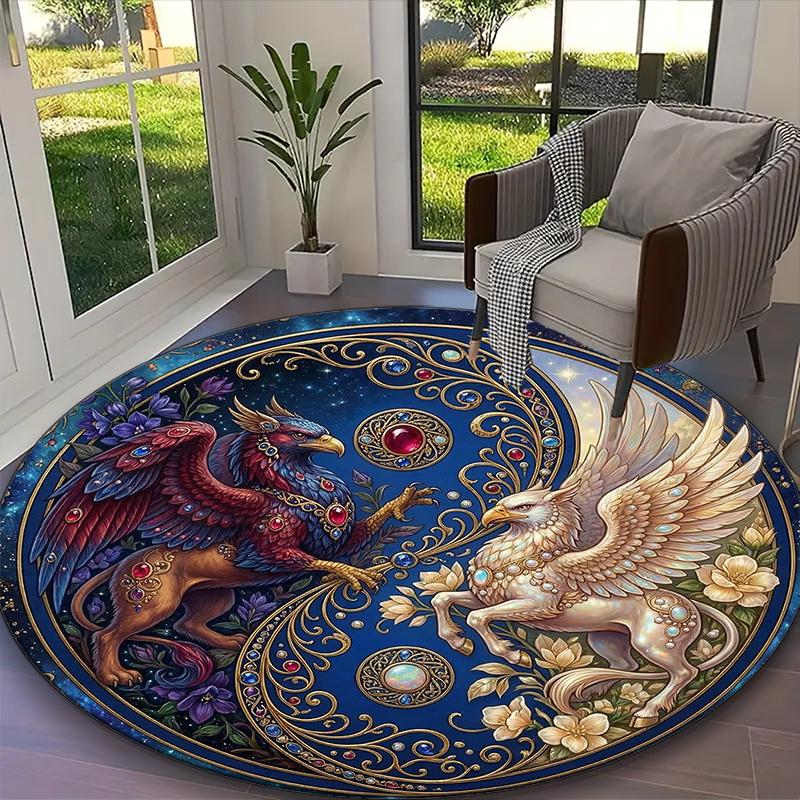 [1pc Blue Balance Red Peony Floral Blooms Office Chair Carpet] Digital Printed Round Rug for Home & Game Room Use, Soft Indoor Sofa Chair Mat