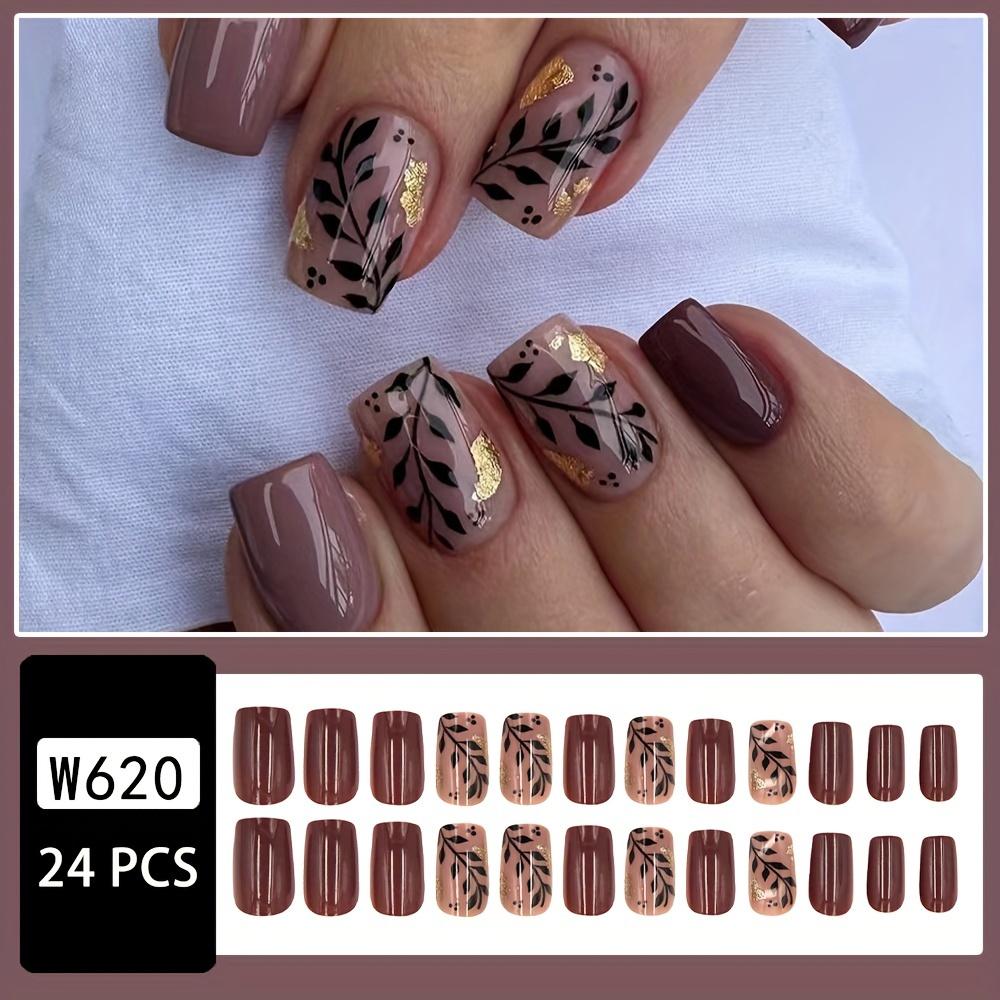 

24 шт. осенне-зимние коричневые накладные ногти, глянцевые накладные ногти с черными листьями и золотым фольгированным дизайном, накладные ногти квадратной формы для женщин и девочек W620-3