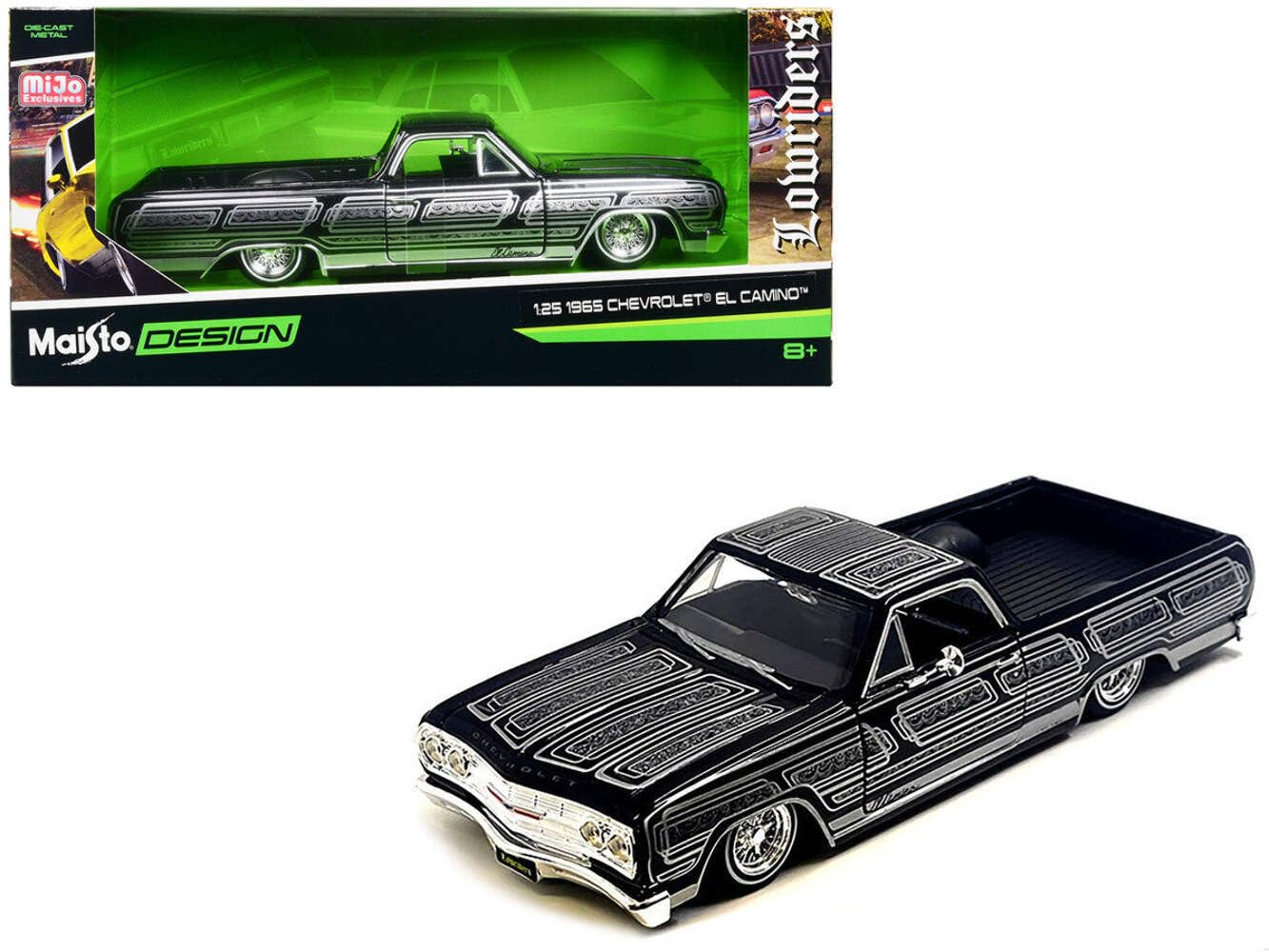 

Maisto 1965 Chevrolet El Camino Lowrider Black Metallic Silver Graphic Lowrider Series Diecast Model Car 1/25 чёрный