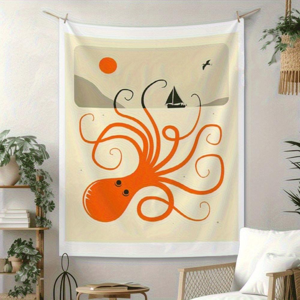 Orange octopus ship Digital printing polyester wall tapestry suitable for use in living rooms bedrooms offices bars and party
