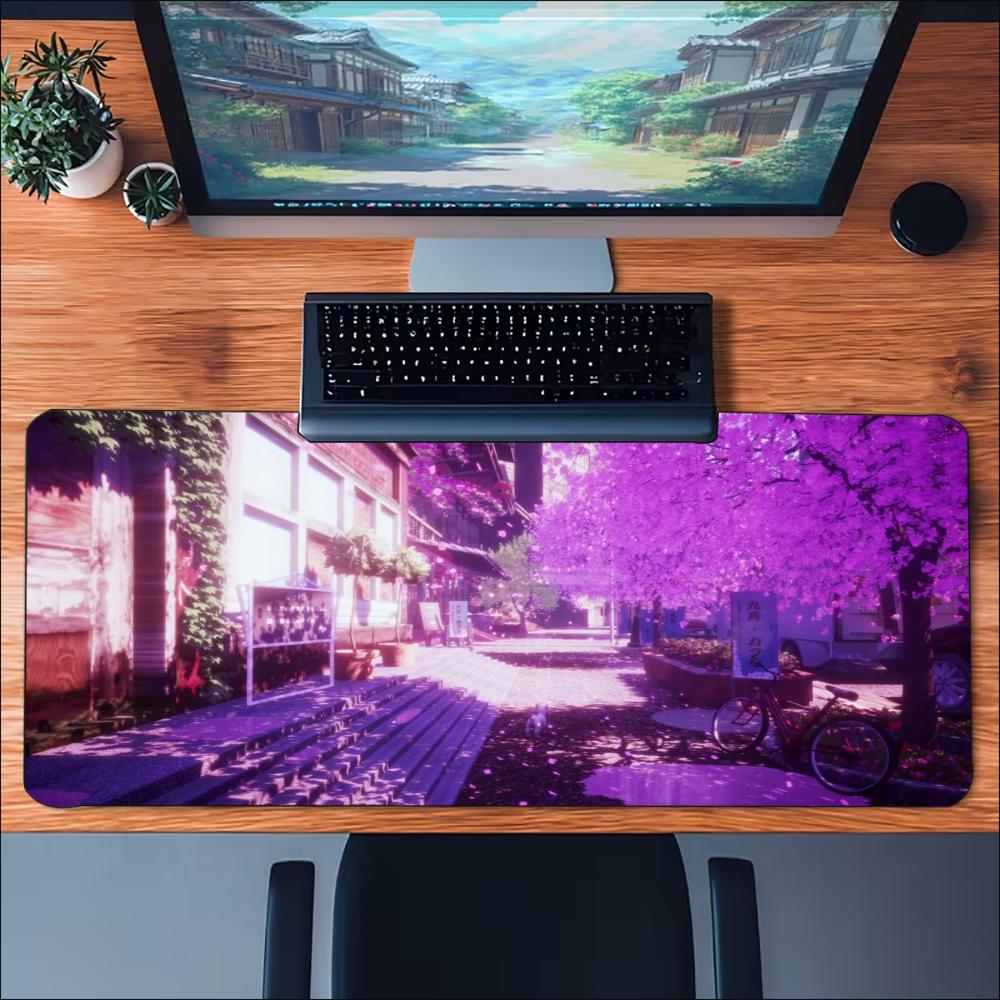 Anime Purple Cherry Blossom Town Large Gaming Mouse Pad Non‑Slip Rubber Mat For Smooth Mouse Control Laptop Gaming Desktop