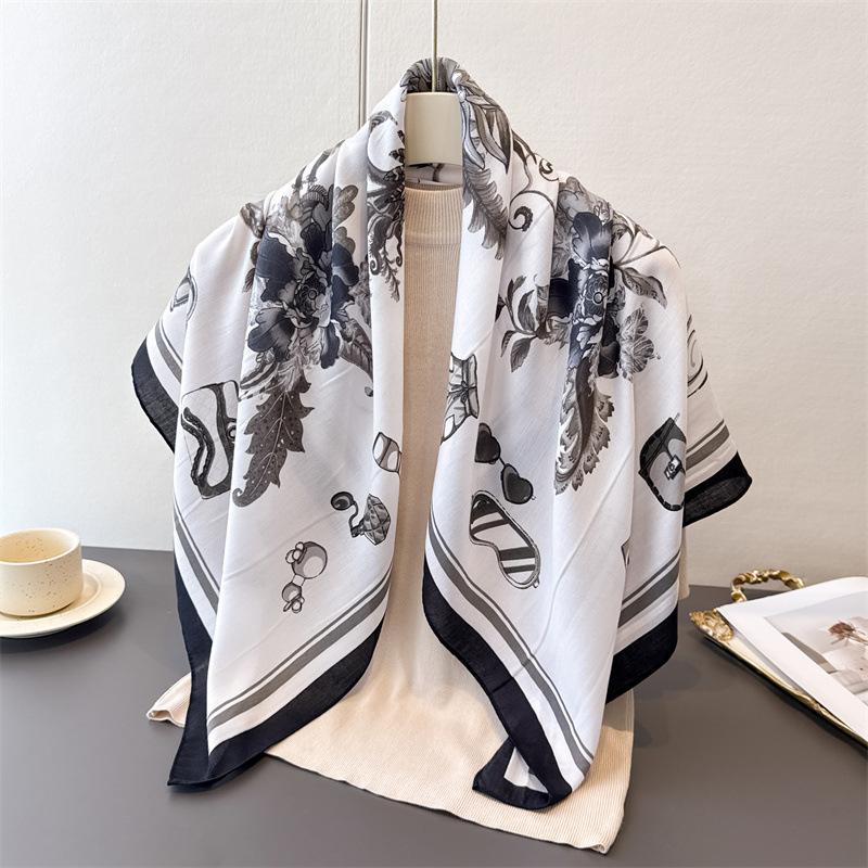 Flower Painting Imitation Silk Large Square Scarf Retro Printing Shawl Neck Silk Scarf Herringbone Women'S Scarf Headscarf