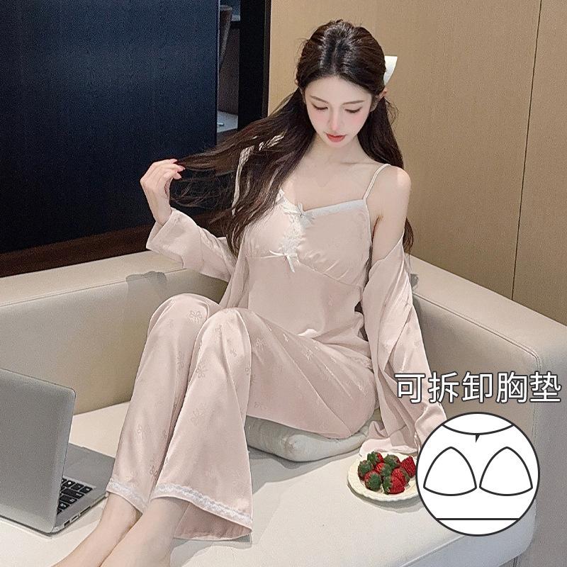 Vernis Spring and Summer Ice and Snow Silk Pajamas Female Sexy Suspenders Lace with Chest Pad Three-piece Set Imitation Silk Loungewear