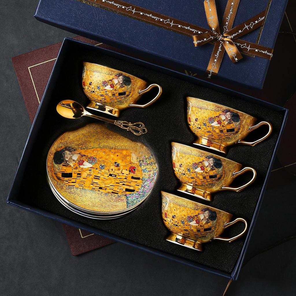 European Style Bone China Coffee & Tea Cup Set with Saucer - Retro English Afternoon Tea Gift Box