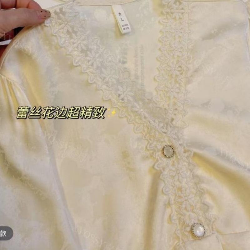 1011 spring and autumn new ice silk pajamas women's jacquard long-sleeved trousers thin court style high-end loungewear set