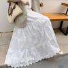 White Floral Embroidery A-Line Midi Skirt with High Waist